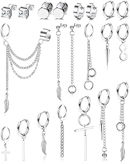 LOLIAS 21PCS Hoop Earrings for Men Women Stainless Steel Cross Feather Dangle Earrings Cool Chain Kpop Earrings Gold Silver Black