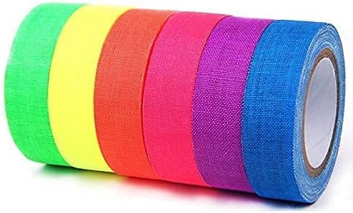 MVVMTOP 6 Pack UV Blacklight Reactive 6 Color Fluorescent Tape Fluorescent Cloth Tape Colorful Neon Gaffer Tape Neon Reflective Tape Neon Adhesive Tape Glow in The Dark Tape, 0.59"x16.4ft Each Roll
