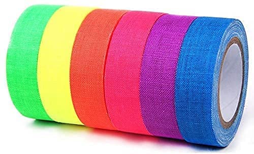 MVVMTOP 6 Pack UV Blacklight Reactive 6 Color Fluorescent Tape Fluorescent Cloth Tape Colorful Neon Gaffer Tape Neon Reflective Tape Neon Adhesive Tape Glow in The Dark Tape, 0.59"x16.4ft Each Roll