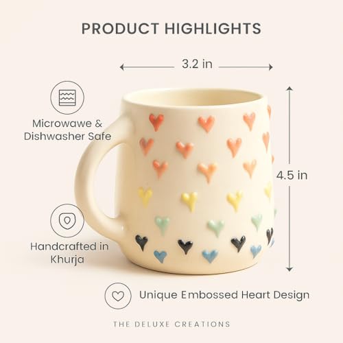 Image of The Deluxe Creations Heart Embossed Ceramic Coffee Mug Set of 2 - 280ml Handcrafted Cups | 3D Design | Aesthetic Tea & Coffee Mugs | Diwali Gift (Colorful Heart-Embossed Mugs)