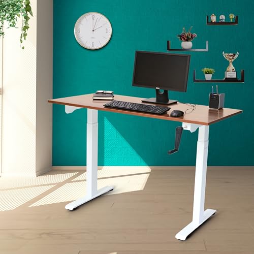 Image of Manual Height Adjustable Desk | 60 kg Capacity | Sturdy Build, DIY Assembly, 2-Year Warranty (White Frame Top 1200 X 600 mm / 18mm Thickness), Alloy Steel, Matte Finish (Walnut)