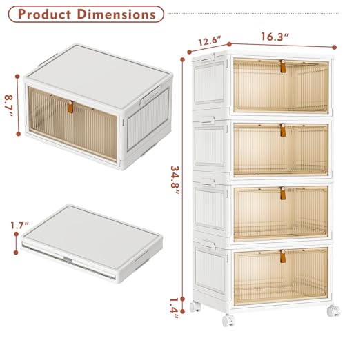 4 Tier Stackable Storage Bins with Lids, 28Qt Plastic Storage Containers with Magnetic Doors & Wheels, Convenient Storage Bins Closet Organizers, Household Organization for Home, Party, Office, Dorm