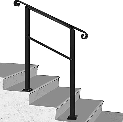 Handrails For Outdoor Steps,2 Step Handrail Fits 1 To 2 Steps Mattle Wrought Iron Handrail Stair Rail，Transitional Handrail With Installation Kit,Black Hand Rails For Outdoor Steps（2 Step） #TOP5