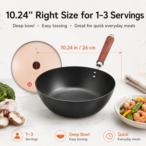 Image of WANGYUANJI 10.24-Inch Carbon Steel Wok with Lid, Flat Bottom Small Wok Pan for 1-3 Servings, Uncoated Stir Fry Pan, Glass Lid, Induction /Gas /Electric Compatible, Wood Handle, Black