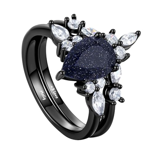 Elegant Blue Sandstone Women's Wedding & Engagement Ring Set with Custom Engraving Options