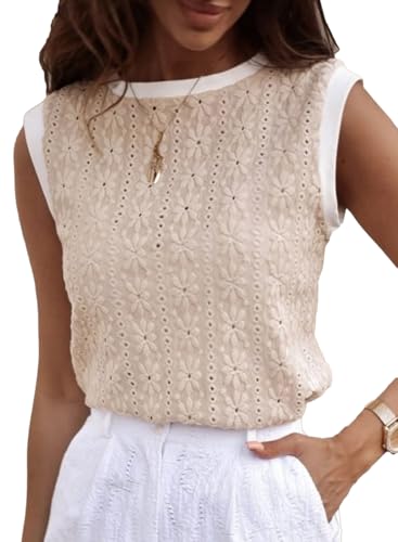 Women Eyelet Tank Tops Floral Casual Round Neck Sleeveless Summer Tops Trendy Basic Cute Plain Tanktops
