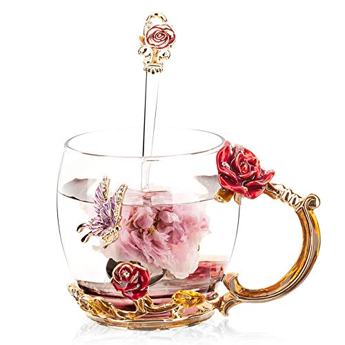 sudatek Emaille klare Glas Kaffee Tasse Tee Wasser Tasse mit Löffel handgefertigt Schmetterling Rose Geschenk-Set rote rose