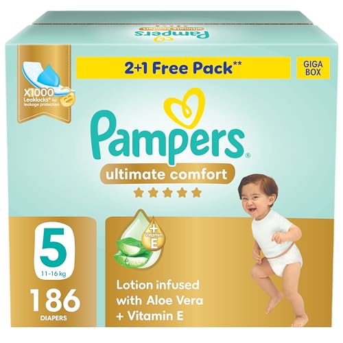 Pampers Ultimate Comfort Premium Taped Diapers 11-16kg Size 5 Box 186 Count