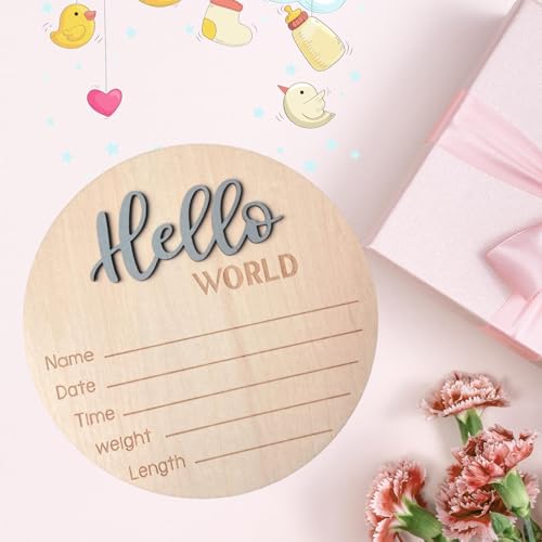 Image of Baby Announcement Sign, 5.9 Inch Wooden Hello World Newborn Signs, Birth Announcement Sign, Baby Shower Hospital Nursery for Newborn Boys and Girls (Gray)