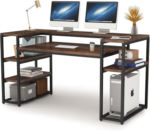 Image of Computer Desk 160 cm with Storage Shelves| Monitor Stand, Home Office Writing Table, Wooden Study Table for Laptop Work at Home| Modern Office Furniture| Rustic Brown| 160x60x90cm