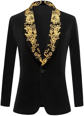 Men's Velvet Blazer, Gold Embroidered Suit Jacket, Black Tuxedo for Wedding Party Prom
