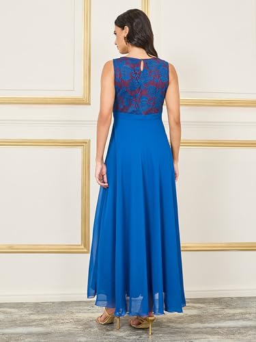 Image of Miss Chase Women's Round Neck Sleeveless Floral Lace Fit & Flare Maxi Dress