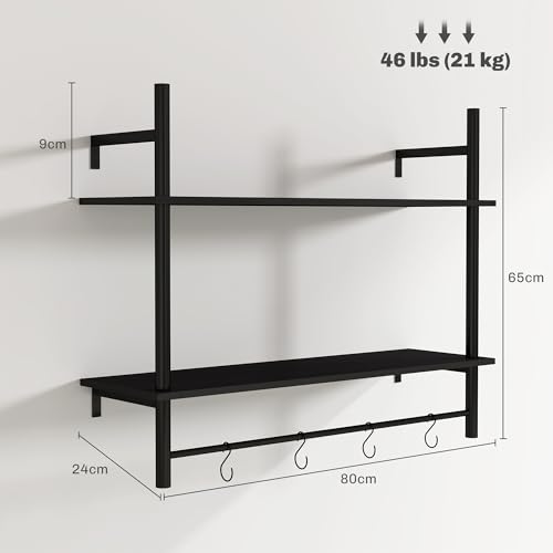 HOMCOM Estante de Pared de 2 Niveles Estante Flotante Repisas de Pared con 4 Ganchos 2 Estantes y Marco de Acero para Entrada Salón Dormitorio 80x24x65 cm Negro - imagen 3