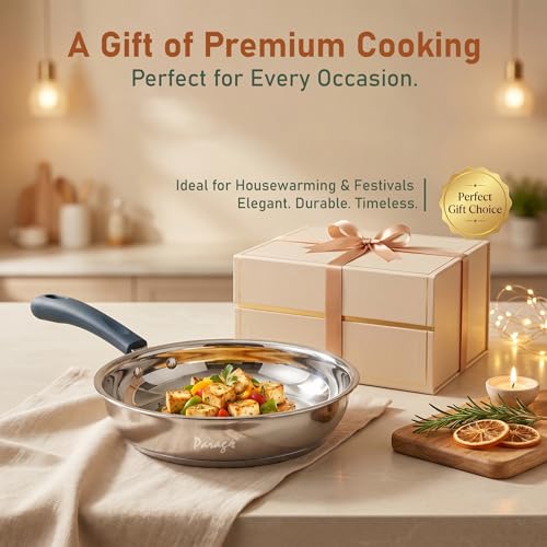 Image of Parage Stainless Steel Frying Pan 24 cm Deep Fry Pan, 1500ml Capacity, Induction & Gas Stove Compatible Cookware, Triply Bottom with Silicon Handle, for Kitchen Daily Use, 2 Years Warranty