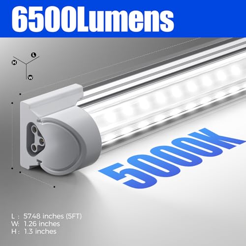 Image of Barrina LED Shop Lights, 5FT, 50W, 6500LM, 5000K, Clear Cover T8 V-Shape Light Fixture, Linkable Shop Lights for Garage, Workshop, Warehouse, Basement, ETL Listed, 6 Packs