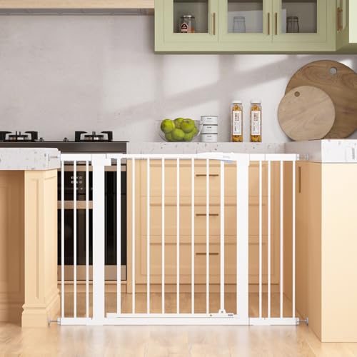 Image of keny 29.7"-46" Baby Gate for Stairs, Auto Close Dog Gates for Doorways, Pressured Mounted No Drilling Pet Gate Extra Wide, Easy Walk Thru Stair Gate, 30" Tall, White