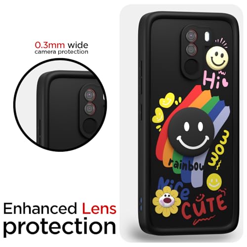Image of Pikkme Back Cover for Poco F1 | Soft Silicone| Cute Rainbow Smile & 3D Cartoon Flower Design | Shockproof Raised Camera Protection Bumper Case (Black)