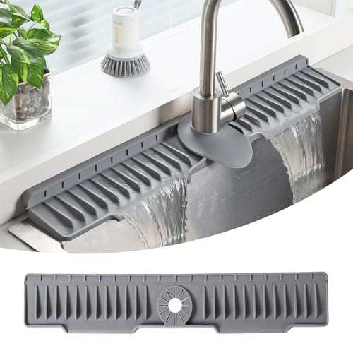 24" Silicone Sink Mat for Kitchen(Released in 2026) – 8° Slope for Quick Self-draining,Sink Splash Guard Behind the Faucet for Kitchen&Bathroom Area, Narrow Water Splash Guard Easy to Clean (Grey)