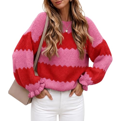 Striped Sweater Women Color Block Ruffle Long Sleeve Sweater Pullover Tops - image 1