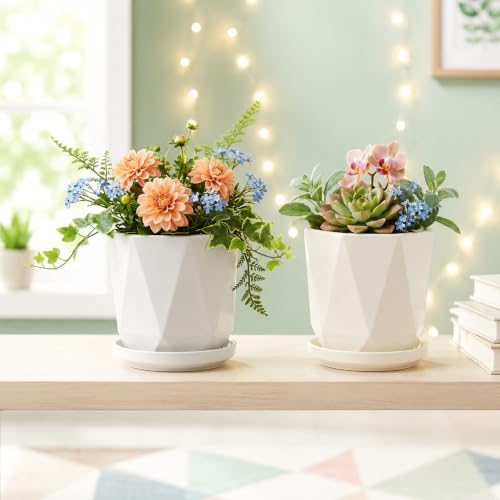 Image of Xtore Refined Geometric Ceramic Planter Set of 2 with Saucers for Home & Office Decor | Faceted Indoor Flower Pots for Succulents, Herbs, Cacti, Living Room, Bedroom (Off-White, Light Grey)