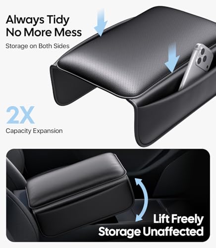 Image of Wigoo Center Console Lid Cover forTesla Model Y Juniper & Model YL 2025-2026 (Standard, Premium &Performance) and Model 3 Highland 2024-2026, Soft Support Nappa Leather Armrest Protector Cover, Black