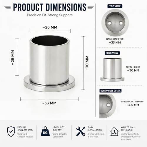 Image of Stainless Steel Wall to Wall Bracket for Curtain and Wardrobe Rod, Rust-Resistant with Strong Hold (Pack of 2, 25 mm)