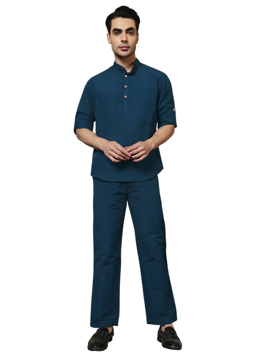Pure Cotton Kurta With Pant Men Co-ord Set|Kurta Pant Combo|Full Sleeves|Casual Wear|2 Piece|Co ords for Men Fashion (Teal)-image-31
