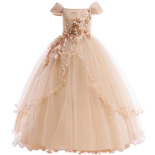 Weileenice Rose Gold Flower Girl Dress 4 5 Cold Shoulder Lace Embroidery Long A-line Holiday Party Formal Ball Gown