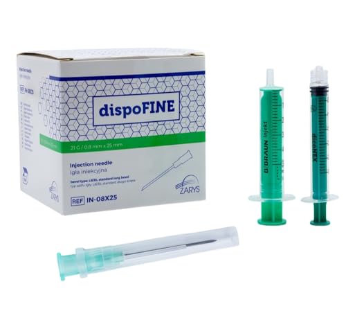 100uds desechables de diferentes tamaños y 2 tubos de relleno de 3 - 5ml. Embalaje individual y estirilizado. Adecuadas para rellenar líquidos, ganado e industria. (21G (0,8mm x 25mm))