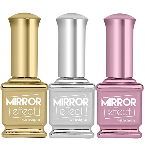 withshyan Mirror Effect Nail Polish – Metallic Chrome Manicure Set – Metal Gold, Chrome Silver, Rose Pink - 0.5 Fl Oz (15ml), Variety Pack