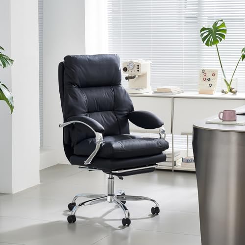 Image of LEAGOO Massage Office Chair with Foot Rest Home Office Heated Desk Chair | High Back Work Chair PU Leather Computer Chair with Lumbar Support Ergonomic Reclining Executive Chair for Home Office, Black
