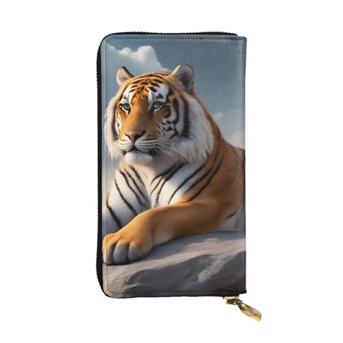 Majestic Tiger Resting on a Rock with Cloudy Sky Prints Leather Long Clutch Wallet for Fashionable Girls and Women - Durable, Stylish, and Functional, Black, One Size
