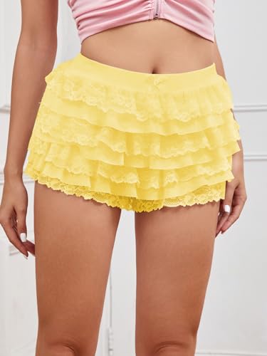 Image of Women Y2K Lace Multi-Layered Bloomers Lolita Ruffle Shorts Cute Mini Skirt | Tiered layers, elastic waist, pumpkin pants, for rave party /country concert /festival