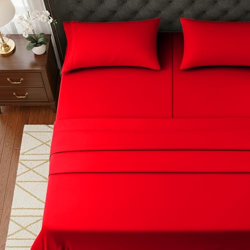 Image of Elegant Comfort Luxurious 1500 Premium Hotel Quality Microfiber Three Line Embroidered Softest 5-Piece Bed Sheet Set, Wrinkle and Fade Resistant, Split King, Red