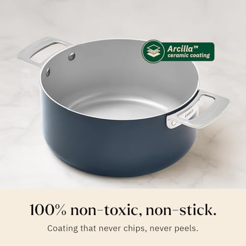 Image of Ember Cookware Arcilla Ceramic Dutch Oven 24 cm, 5L with Metallic Lid | 75% Less Oil Usage | Non Stick Non Toxic Pot | 5-Year Warranty | Ceramic Cookware | Biryani Pot | Steel Handle | Blue
