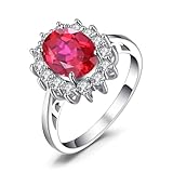 JewelryPalace Princesa Diana Kate Middleton Anillos Mujer, Anillo de Compromiso 2.7ct Rubí Creado Rojo Corte Ovalado, Halo Promesa Vintage Piedra Bañado en Oro Blanco 14K, Joyas Mujer 10