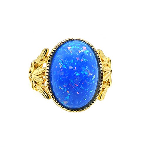 Alberta Birthstone Ring for Women by Ginger Lyne |Large Blue Oval Simulated Opal Engagement Ring for Her | Yellow Gold Plated October Birth Month Gemstone Statement Design3