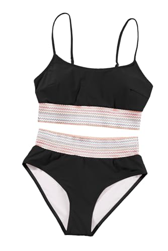 Trendy Black Striped Patchwork Swimsuit with High Waist Design2