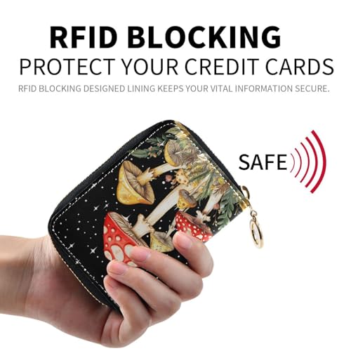 RFID Credit Card Holder Wallets Accordion for Women Leather Zipper Card Case Accordion Wallet for Ladies Girls (Mushrooms)2