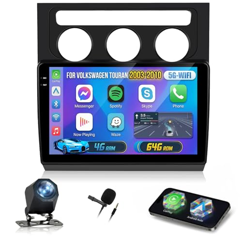 NHOPEEW Autoradio 4 +64G Android pour Volkswagen Touran 2003-2010 avec Carplay sans Fil et Android Auto - Écran incell 10 Pouces Prise en Charge WiFi GPS...