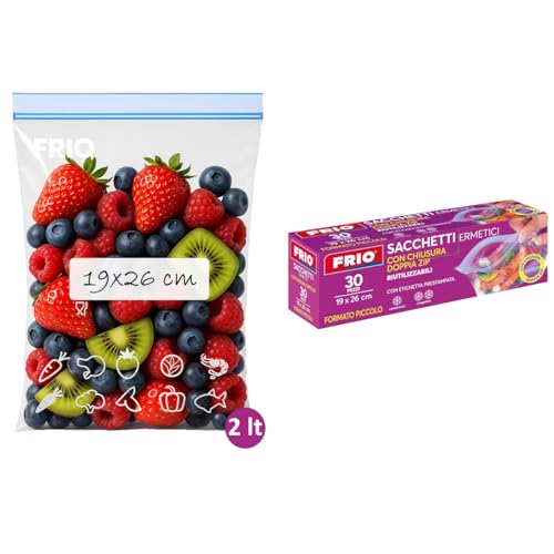FRIO – 30 wiederverwendbare Gefrierbeutel 2L mit Zipper (Größe S: 19x26 cm), luftdicht & beschriftbar – Zip-Beutel zur Lebensmittelaufbewahrung & Vorrat, BPA-frei