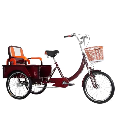 KIBONCY Triciclo para Adultos, 70 Bucket Amortiguador de Doble Cadena, Cesta de Carga y Asiento cómodo, para Personas Mayores, Mujeres, Hombres B