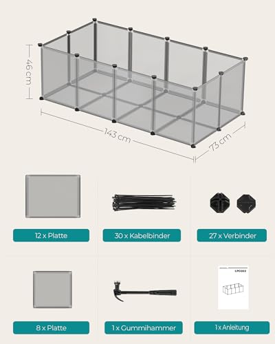 SONGMICS Freigehege mit Bodenplatten, Laufstall, Meerschweinchen Gehege, aus Kunststoff, Gehege für Hamster, Kaninchen, Igel, 143 x 73 x 46 cm, grau LPC002G01