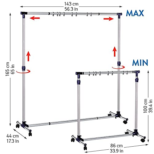 Tatkraft New York Extendable Stainless Steel Rolling 5 Ft Clothing and Garment Rack