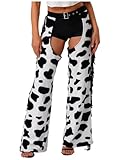 dPois Pantalones De Vaquero Para Mujer Con Chaparreras De Piel Disfraz Hippie Pantalones Largos Con Estampado De Vaca Y Borlas Para Cosplay De Halloween Blanco negro M
