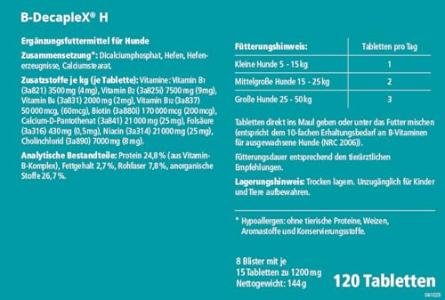 almapharm B-DecapleX H | 120 Tabletten | Ergänzungsfuttermittel für Hunde | Hochkonzentrierter Vitamin B-Komplex