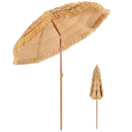 RELAX4LIFE 6.5FT Thatched Tiki Patio Umbrella - Hawaiian Style Hula Grass Umbrella w/Tilt Adjustment, 8 Ribs, Portable Tropical Palapa Straw Shade for Garden Pool, Outdoor Straw Beach Umbrella