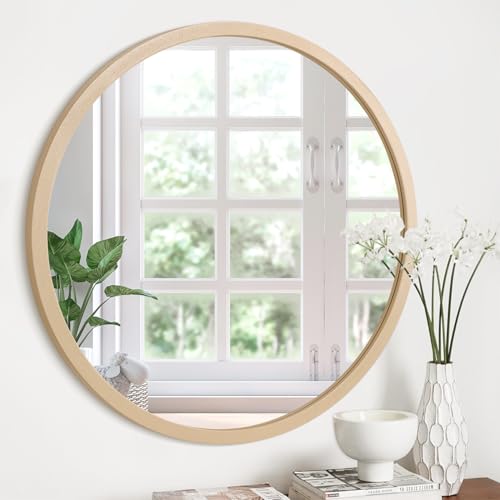JJUUYOU Espejo redondo montado en la pared, espejo circular de 50 cm con marco de madera para maquillaje, baño, dormitorio, sala de estar, entrada, dorado