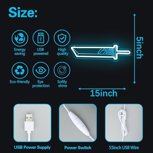 Image of FF7 Cloud Buster Sword Neon Signs for Gameroom Wall Decor, Cloud Strife Steel Knife Neon Lights for Men Cave, Game Room Bedroom Neon for Bar Pub Teen Boy Gifts 15 * 5 IN