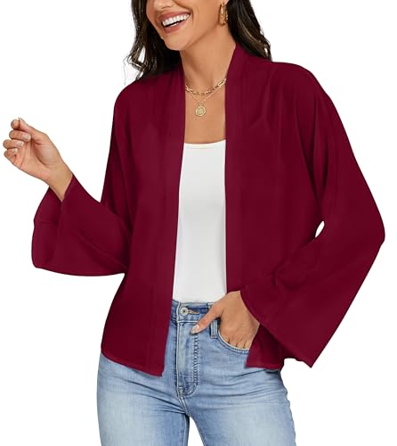 Ietaoo Boléro Femme Mousseline de Soie Transparent Cardigan Tops pour Manches Longues Veste Bolero Court Fete Mariage Robe Bretelle Vin Rouge S